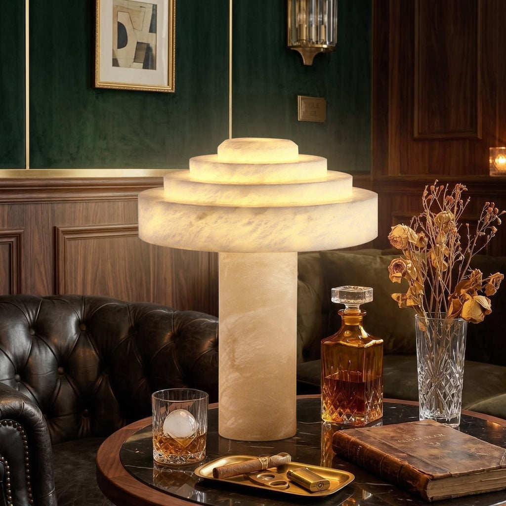 Stratelle Alabaster Table Lamp — additional product view, a stepped stone dome in a tiered table-lamp arrangement (view 3)