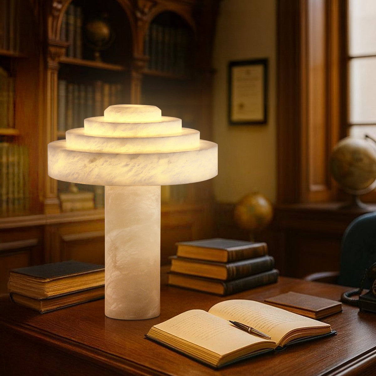Stratelle Alabaster Table Lamp — additional product view, a stepped stone dome in a tiered table-lamp arrangement (view 4)