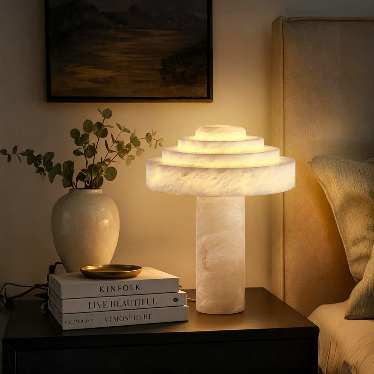 Stratelle Alabaster Table Lamp — additional product view, a stepped stone dome in a tiered table-lamp arrangement (view 5)