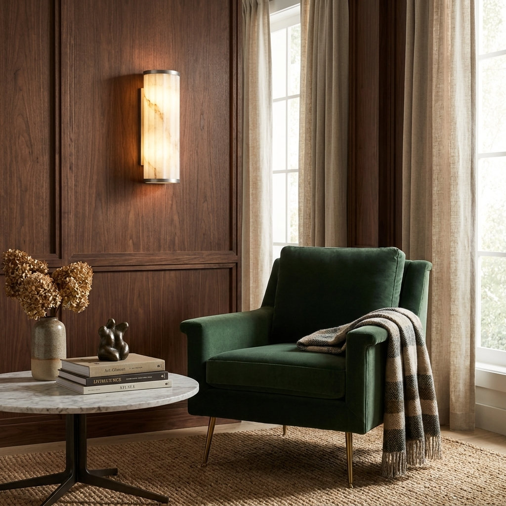 Illuminated Strivane wall sconce beside a green upholstered chair