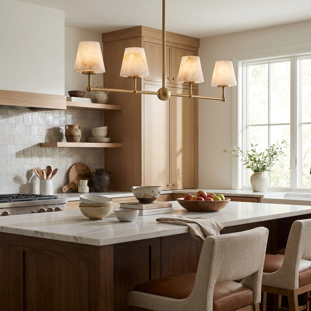 Sutton Alabaster Chandelier — product setting and fixture profile, four stone cone shades along a straight horizontal frame (view 2)