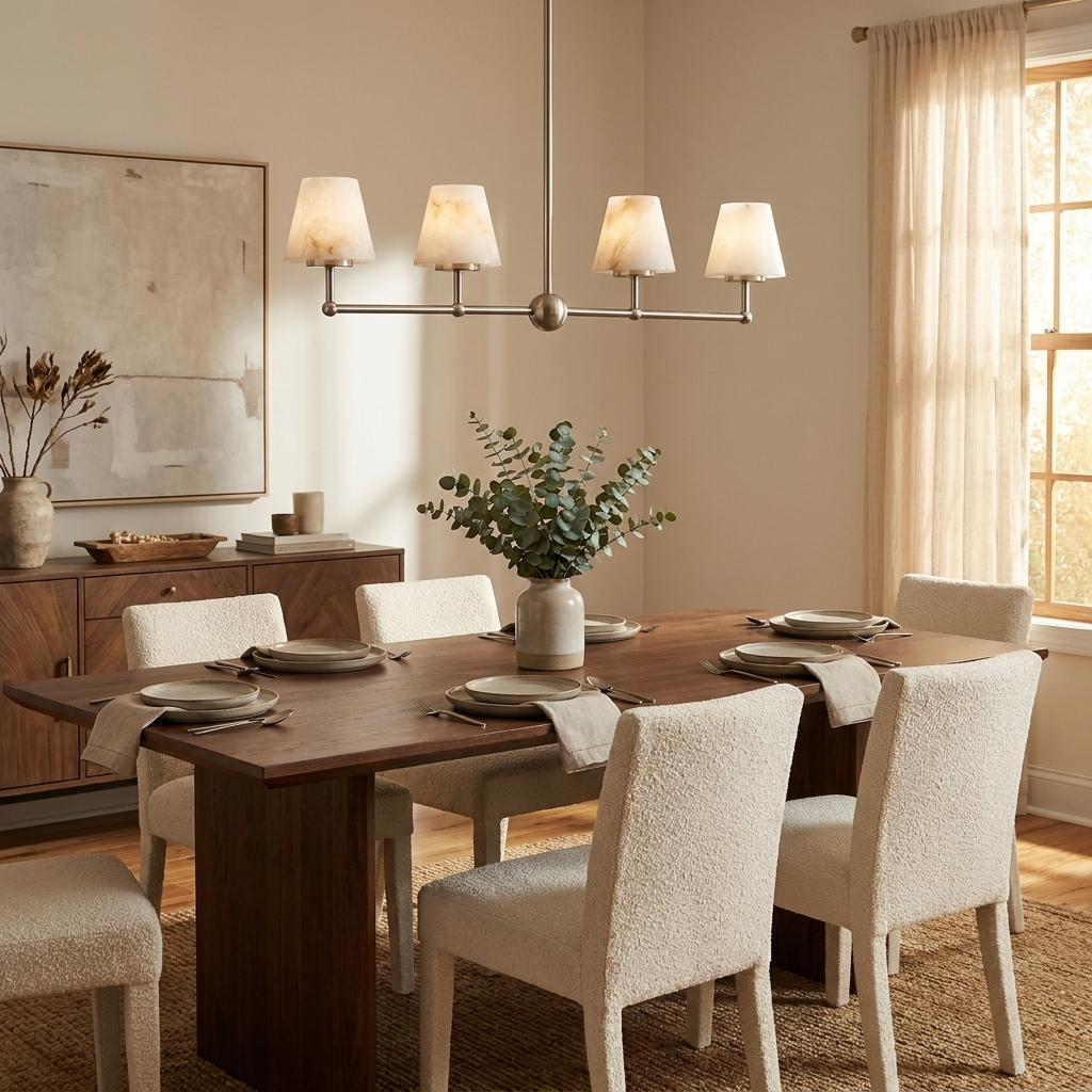 Sutton Alabaster Chandelier — additional product view, four stone cone shades along a straight horizontal frame (view 4)