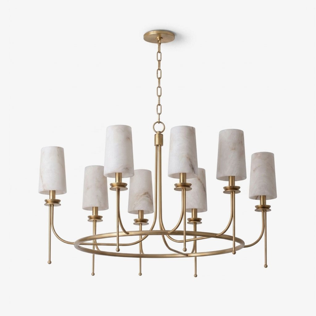 Sutton Alabaster Ring Chandelier — full fixture profile, eight tapered stone shades around a circular metal ring (view 1)