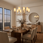 Sutton Alabaster Ring Chandelier — product setting and fixture profile, eight tapered stone shades around a circular metal ring (view 2)
