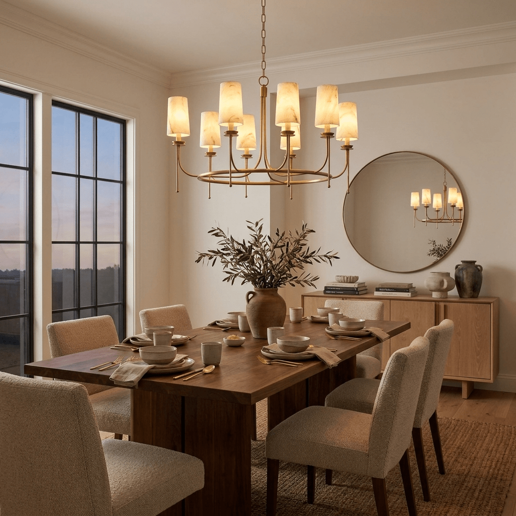 Sutton Alabaster Ring Chandelier — product setting and fixture profile, eight tapered stone shades around a circular metal ring (view 2)