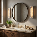 Talvenne Alabaster Panel Wall Sconce — product setting and fixture profile, a tall stone panel with a rounded central channel (view 2)
