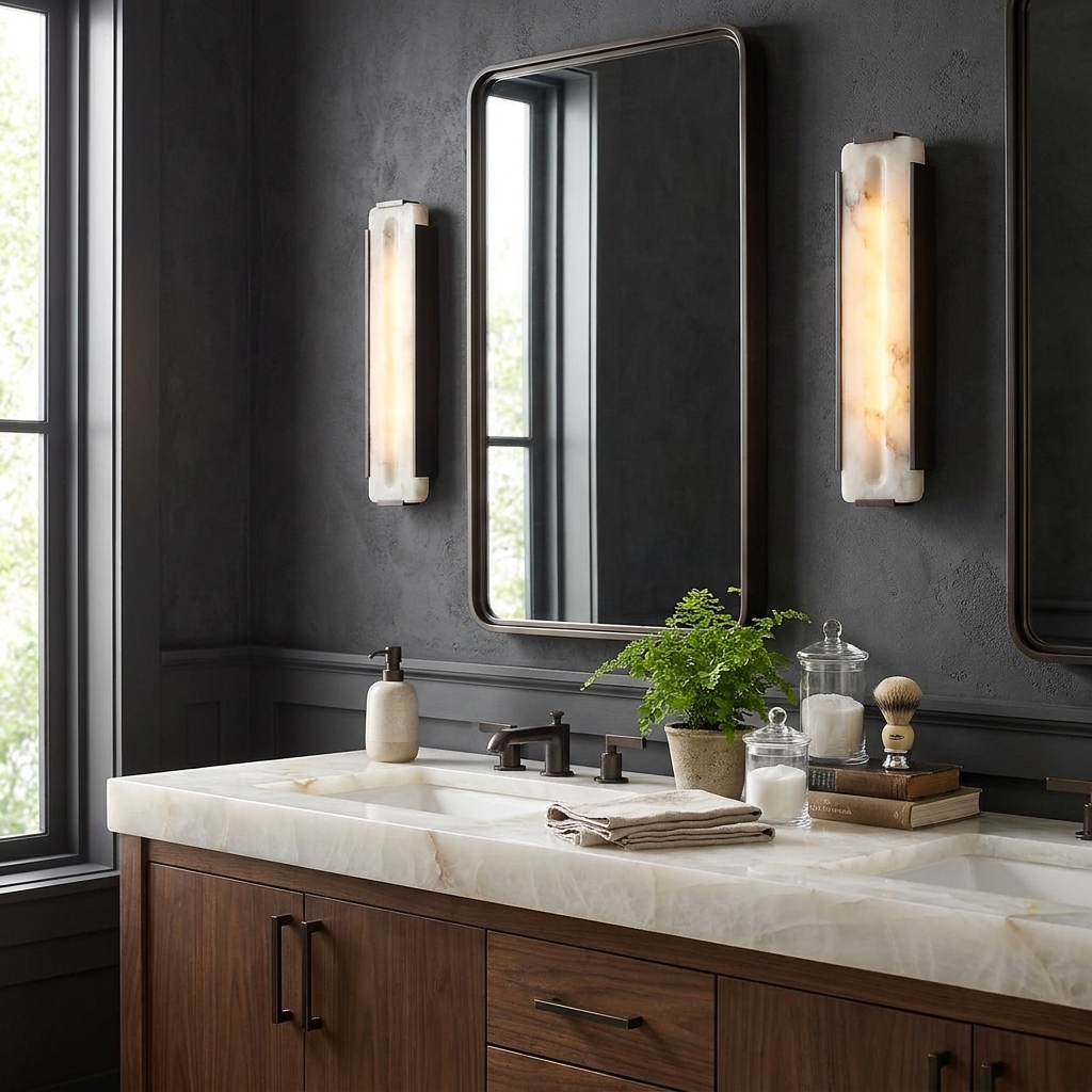 Talvenne Alabaster Panel Wall Sconce — additional product view, a tall stone panel with a rounded central channel (view 4)
