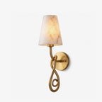Tangle Alabaster Knot Sconce — full fixture profile, a tapered stone shade above a knotted brass arm (view 1)