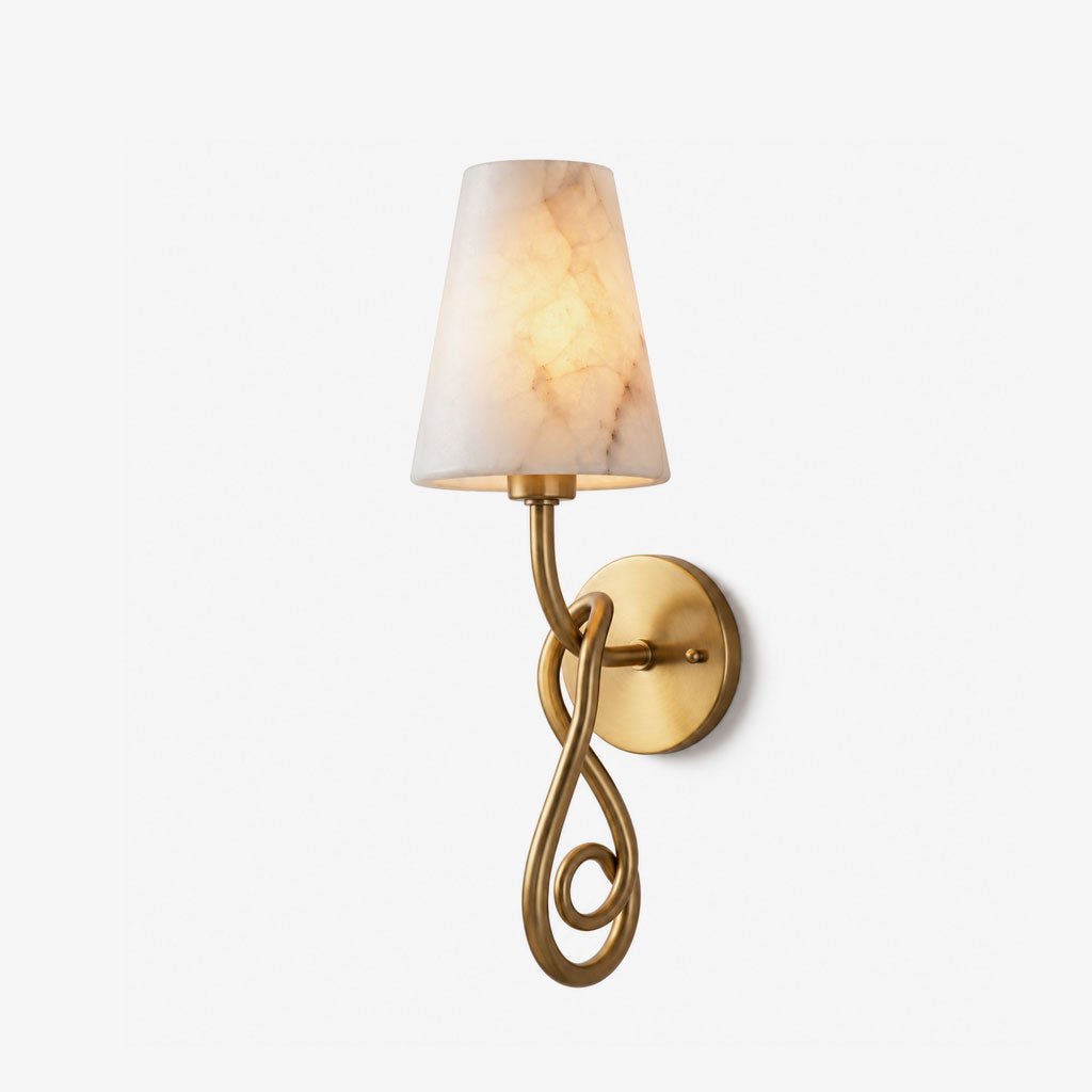 Tangle Alabaster Knot Sconce — full fixture profile, a tapered stone shade above a knotted brass arm (view 1)