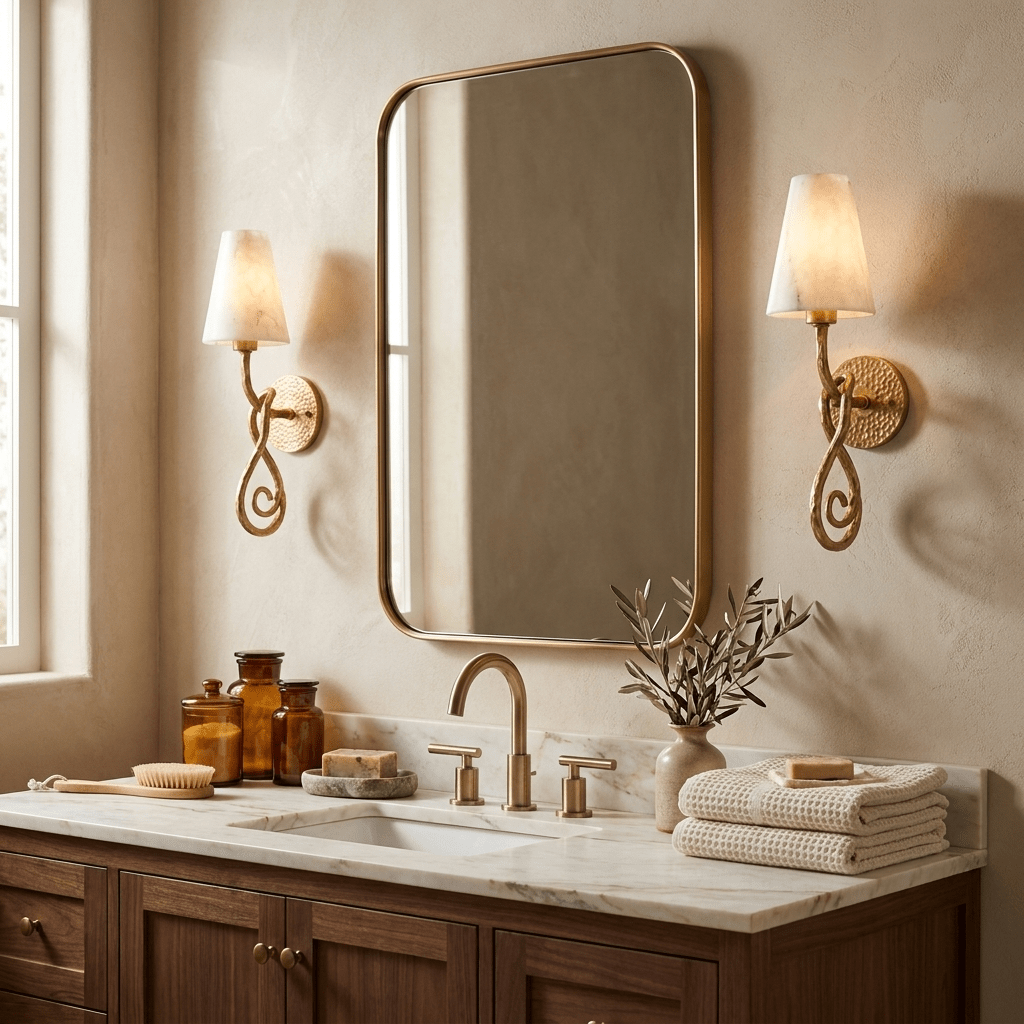 Tangle Alabaster Knot Sconce — product setting and fixture profile, a tapered stone shade above a knotted brass arm (view 2)