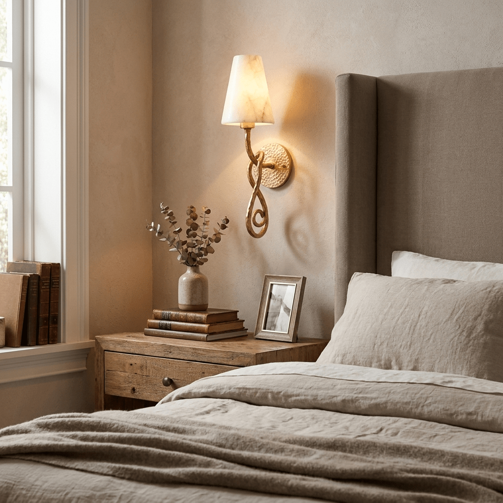 Tangle Alabaster Knot Sconce — additional product view, a tapered stone shade above a knotted brass arm (view 3)