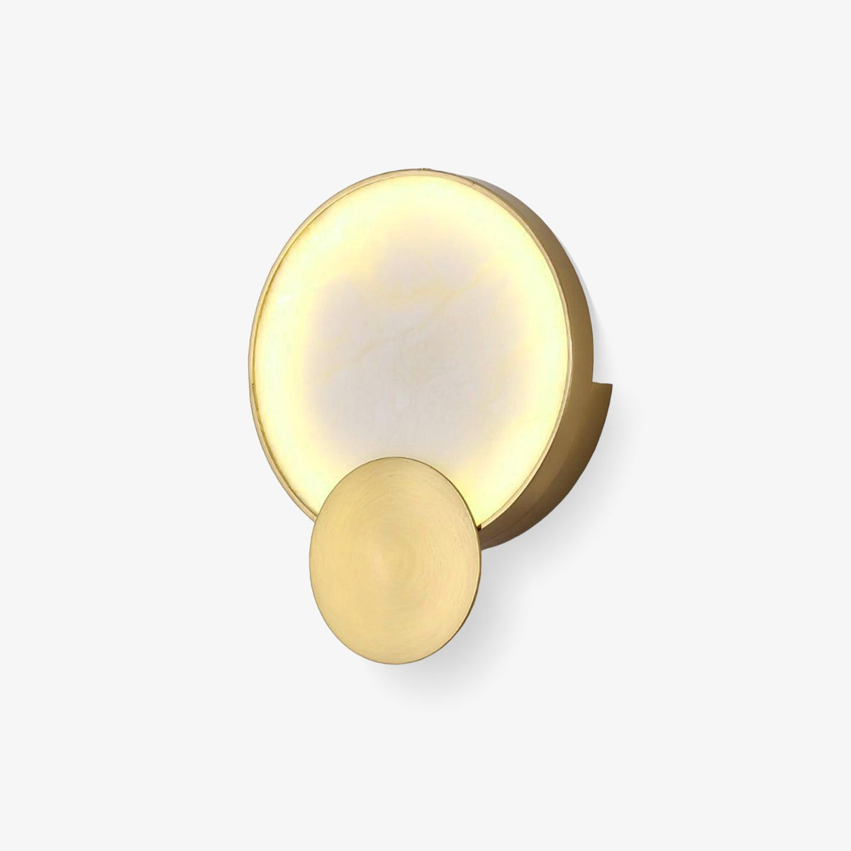 Terra Svet Alabaster Wall Lamp — full fixture profile, a rounded stone diffuser accented by gold-finished circular metal details (view 1)