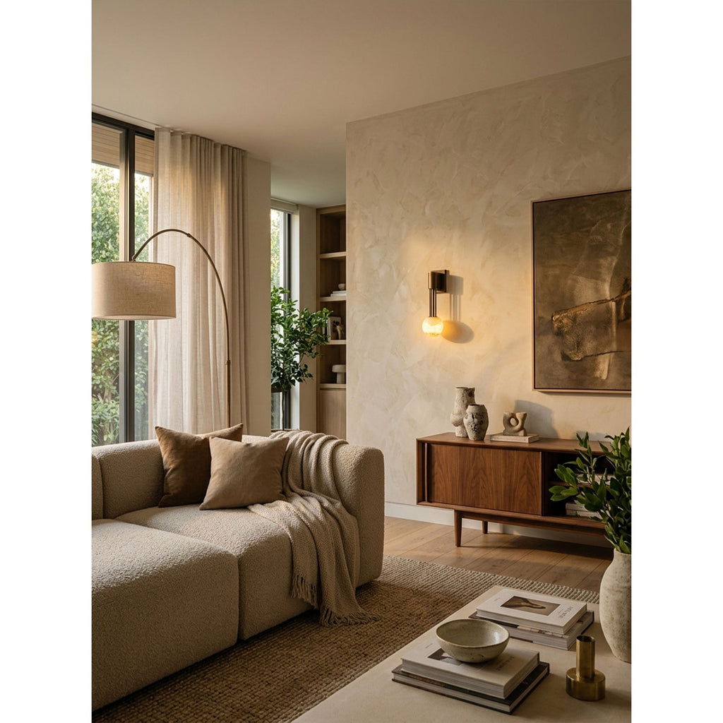 Thalorien Wall Sconce — additional product view, a stone globe with antique bronze fittings (view 5)