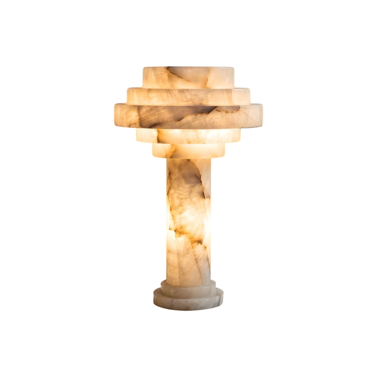 Tieralith Alabaster Table Lamp — full fixture profile, a tiered stone lamp body with a geometric profile (view 1)