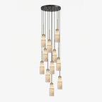 Tiered Alabaster Cluster Chandelier — full fixture profile, stone shades cascading beneath a dark ceiling canopy (view 1)