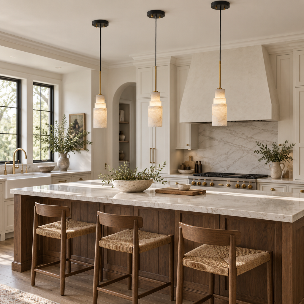 Tiered Alabaster Cluster Chandelier — product setting and fixture profile, stone shades cascading beneath a dark ceiling canopy (view 2)
