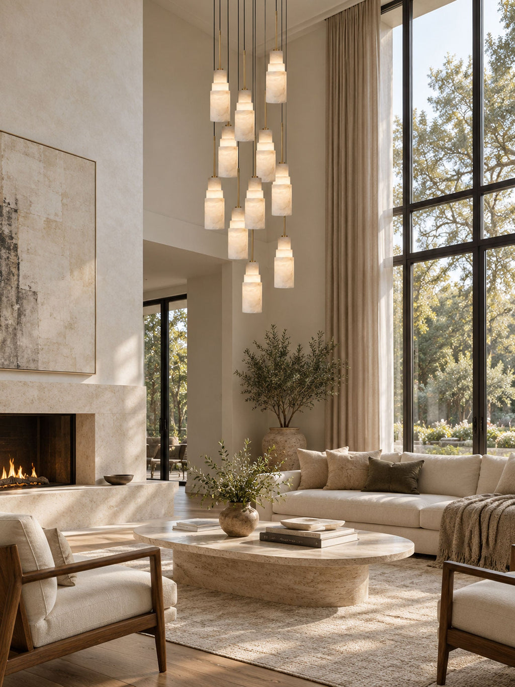 Tiered Alabaster Cluster Chandelier — additional product view, stone shades cascading beneath a dark ceiling canopy (view 5)