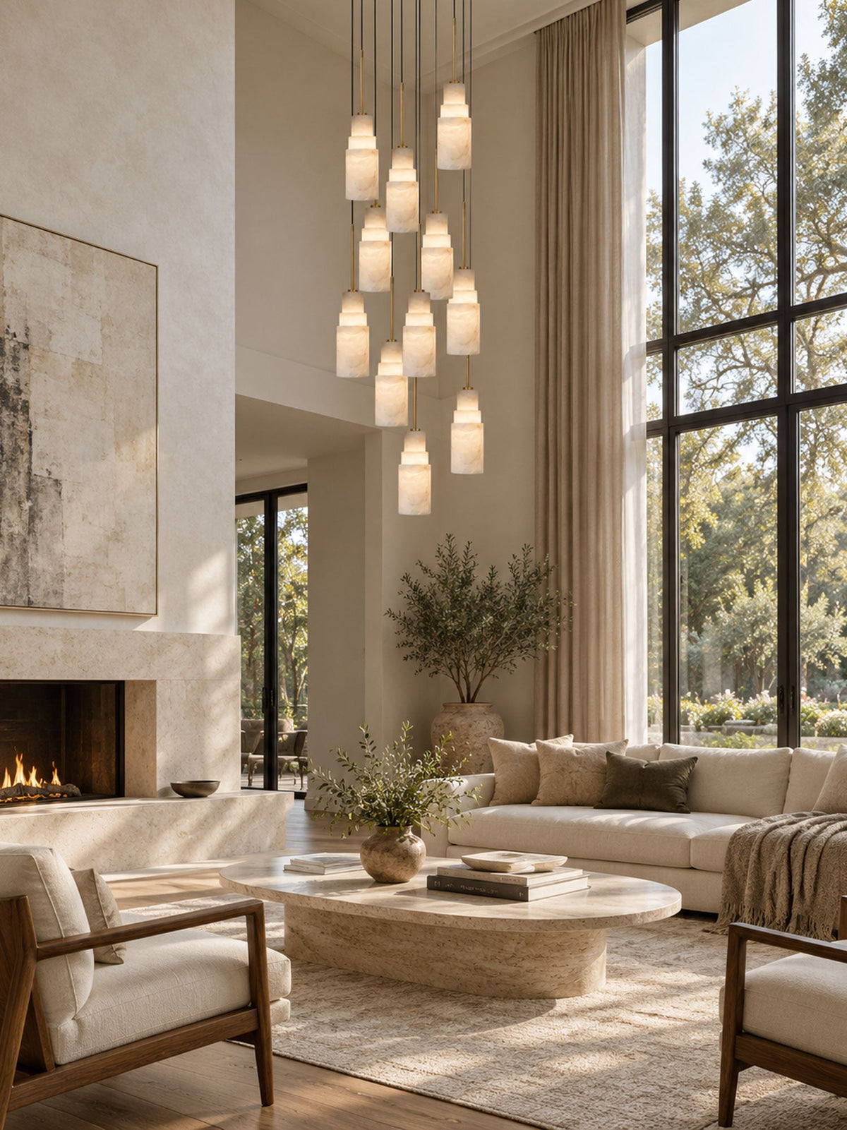 Tiered Alabaster Cluster Chandelier — additional product view, stone shades cascading beneath a dark ceiling canopy (view 5)