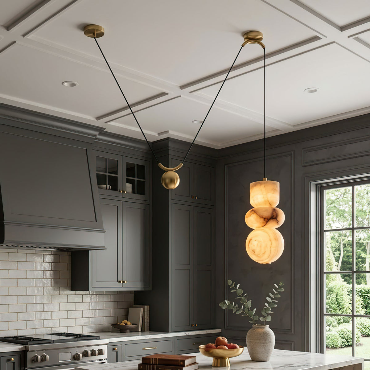 Totem Alabaster Counterweight Pendant Lamp — product setting and fixture profile, geometric stone forms with brass accents and a counterweight (view 2)