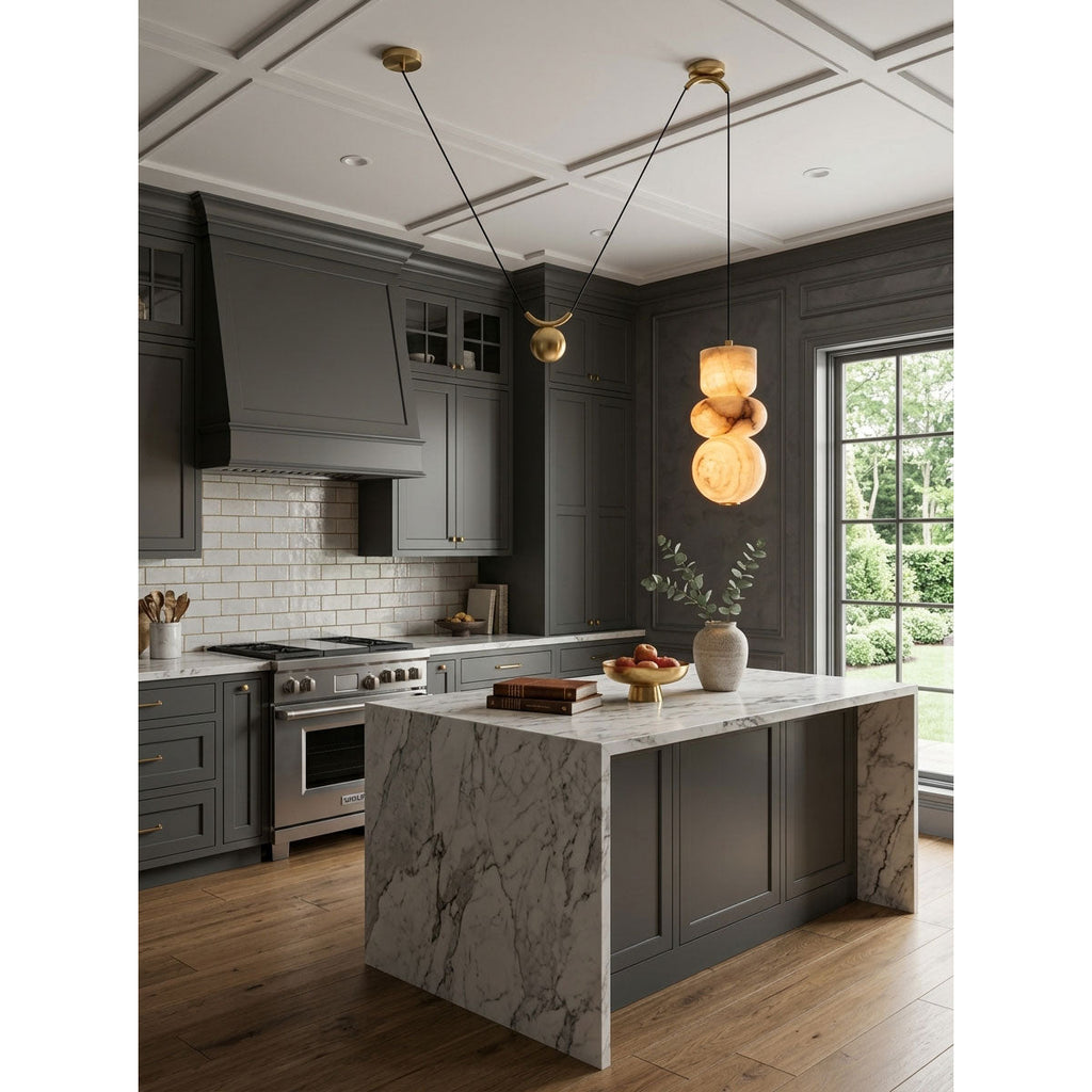 Totem Alabaster Counterweight Pendant Lamp — additional product view, geometric stone forms with brass accents and a counterweight (view 3)