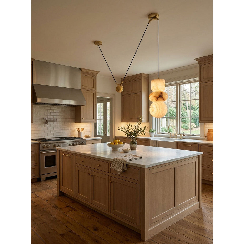 Totem Alabaster Counterweight Pendant Lamp — additional product view, geometric stone forms with brass accents and a counterweight (view 4)