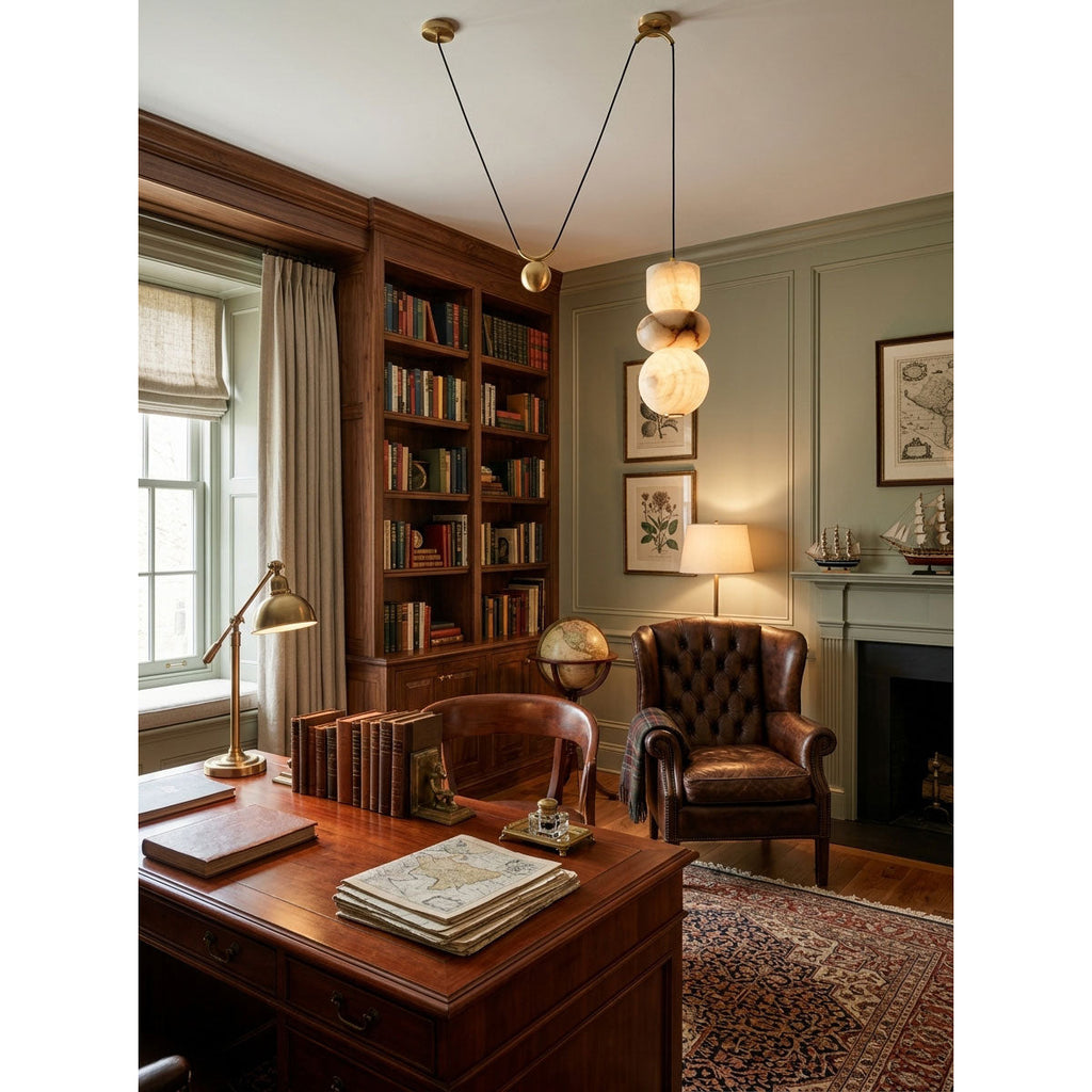 Totem Alabaster Counterweight Pendant Lamp — additional product view, geometric stone forms with brass accents and a counterweight (view 5)