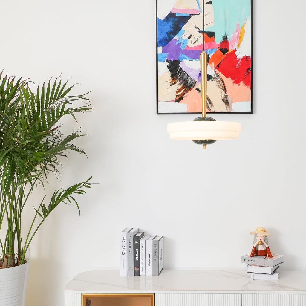 Trave Alabaster Pendant Lamp — product setting and fixture profile, a stone shade below a suspended metal fitting (view 2)