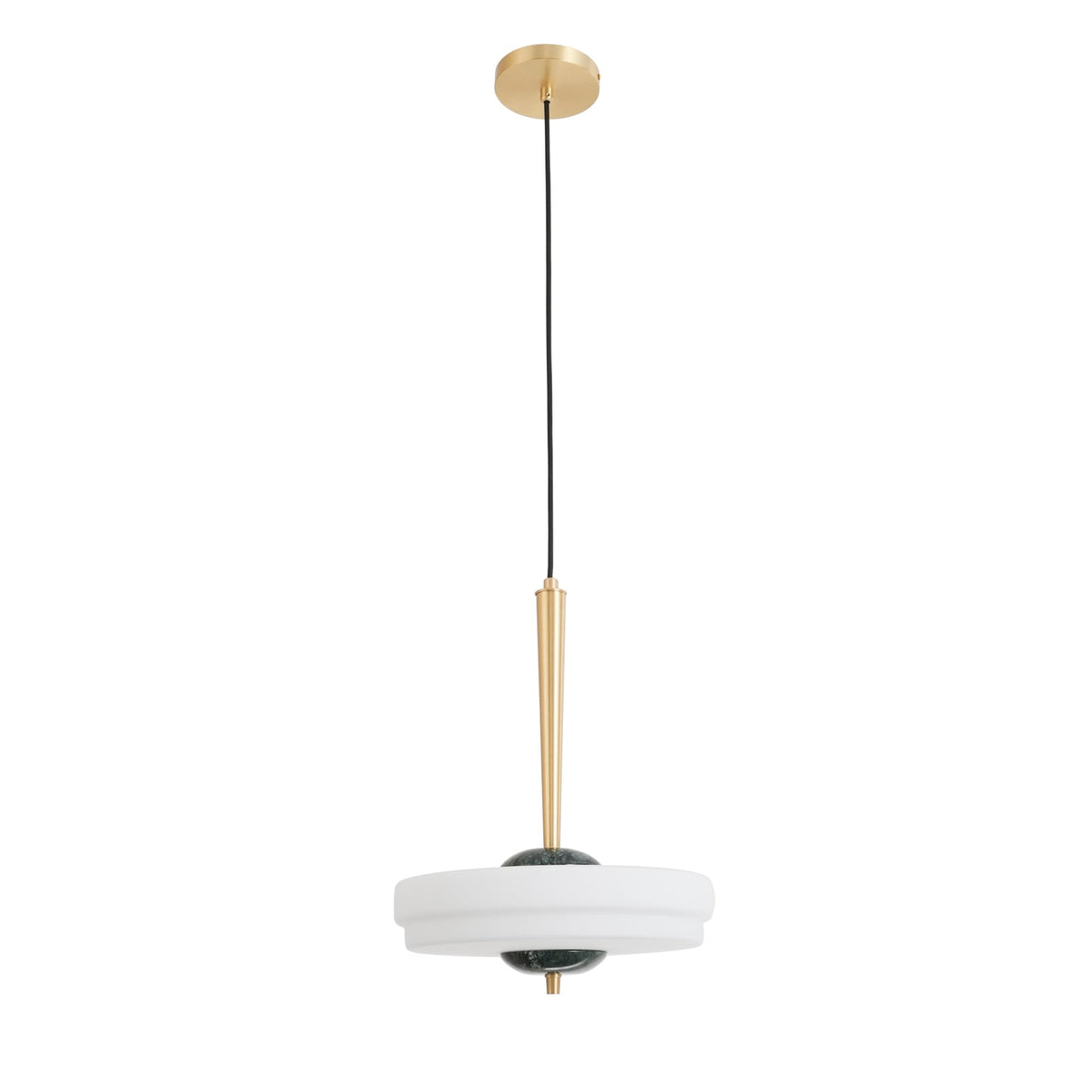 Trave Alabaster Pendant Lamp — additional product view, a stone shade below a suspended metal fitting (view 3)
