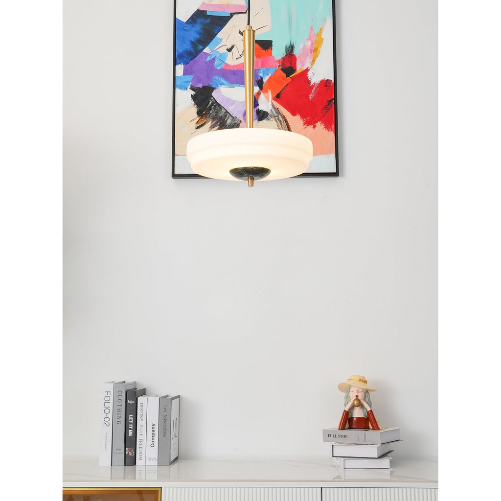 Trave Alabaster Pendant Lamp — additional product view, a stone shade below a suspended metal fitting (view 4)