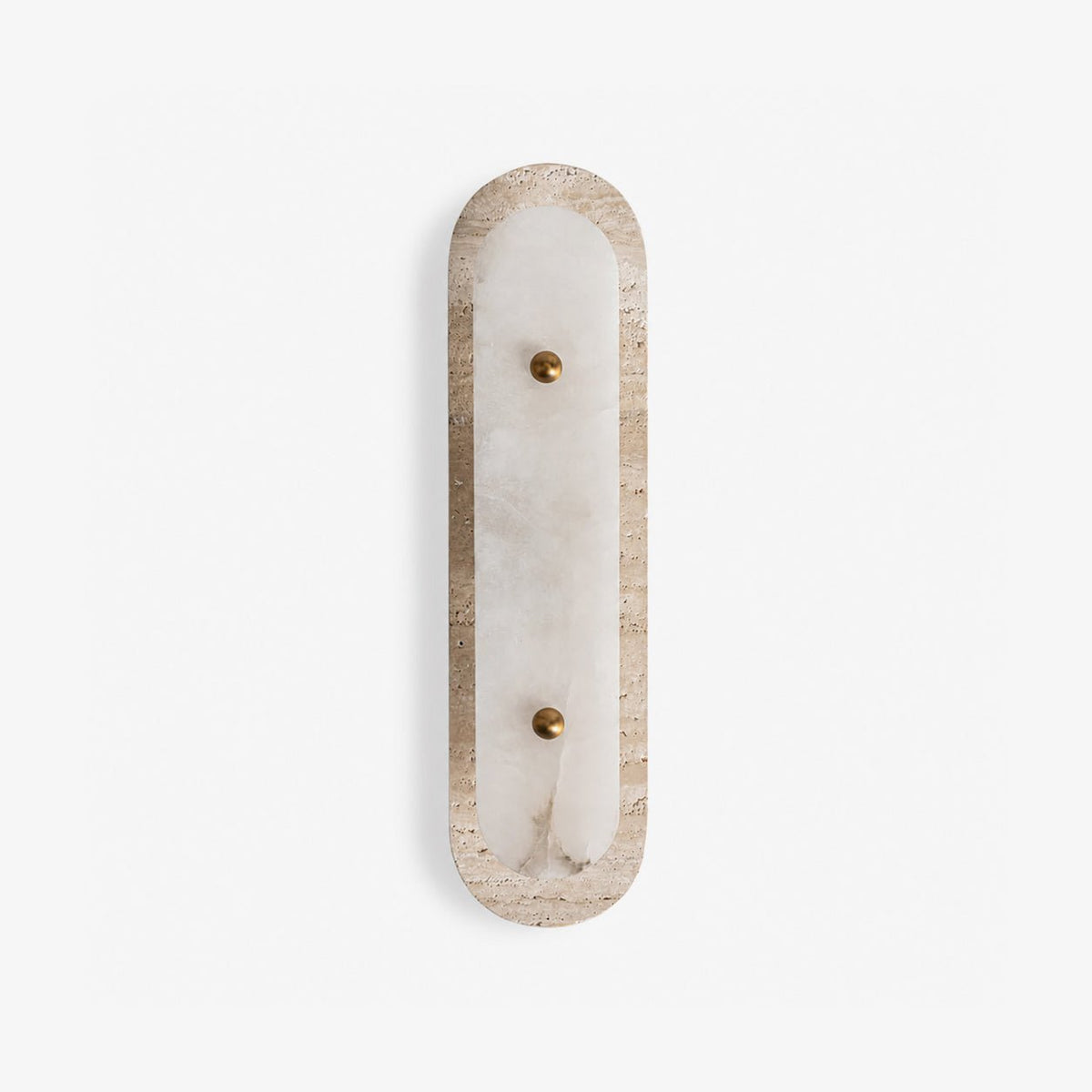 Travertine Pill Sconce — full fixture profile, a pill-shaped travertine frame surrounding a stone inset (view 1)