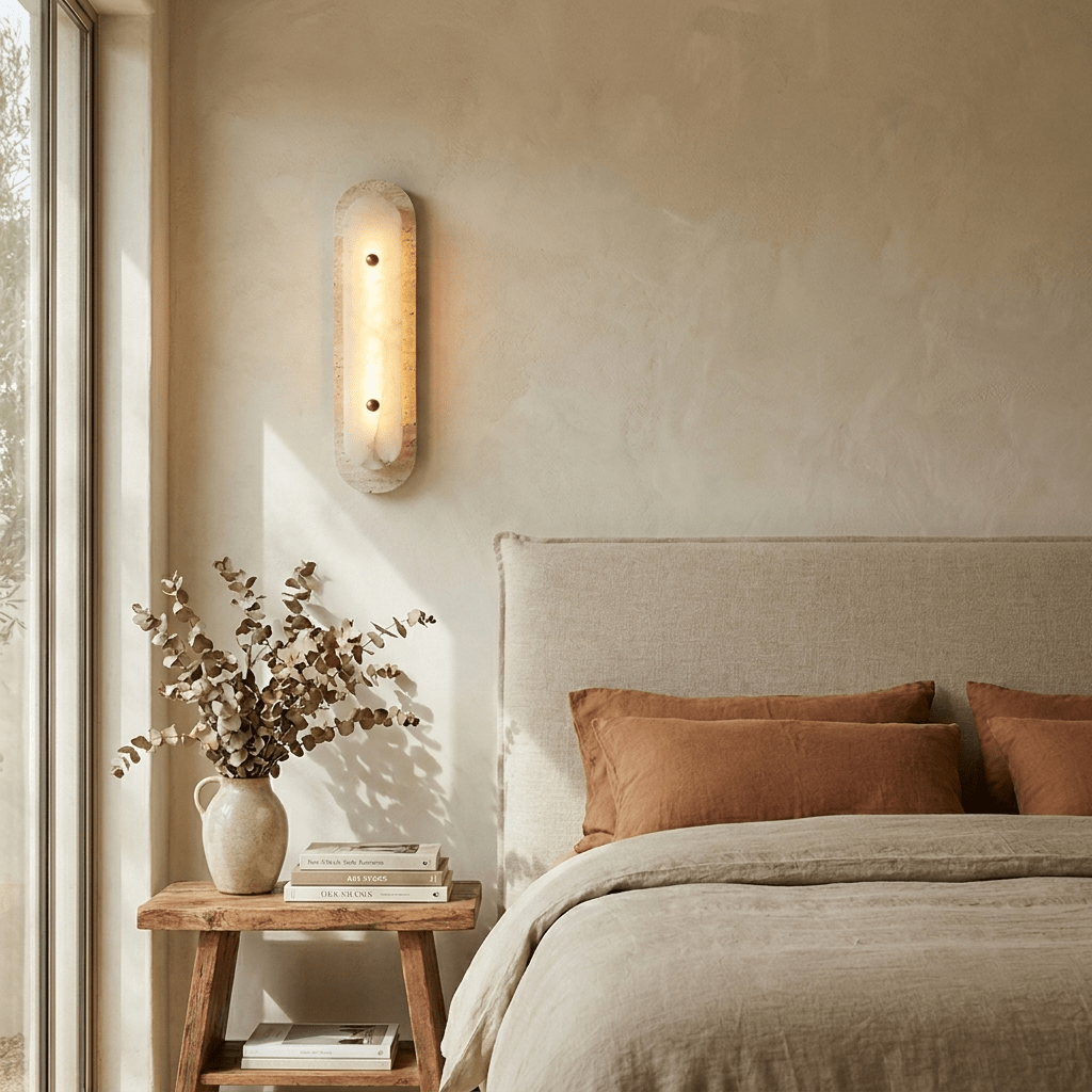 Travertine Pill Sconce — product setting and fixture profile, a pill-shaped travertine frame surrounding a stone inset (view 2)