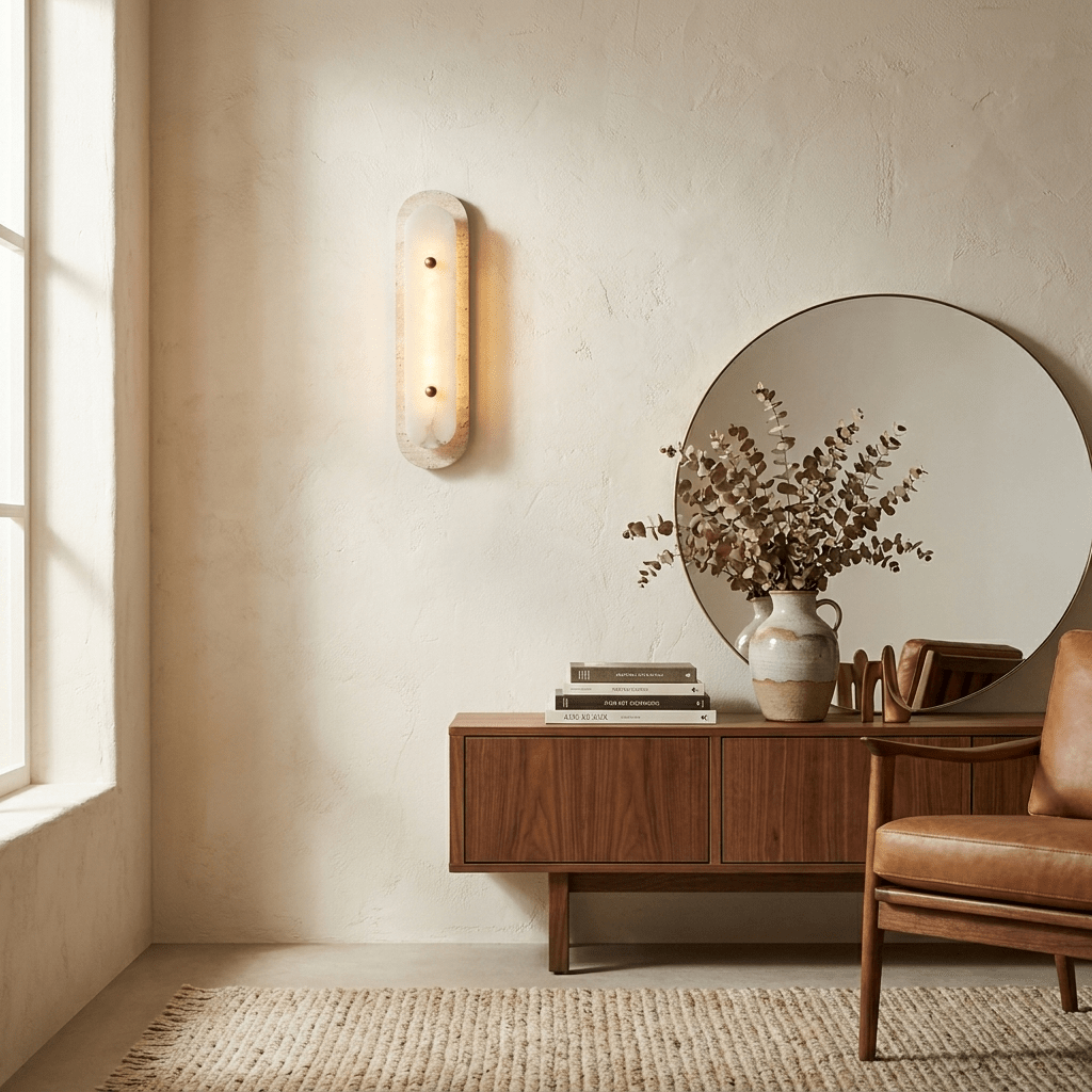 Travertine Pill Sconce — additional product view, a pill-shaped travertine frame surrounding a stone inset (view 3)