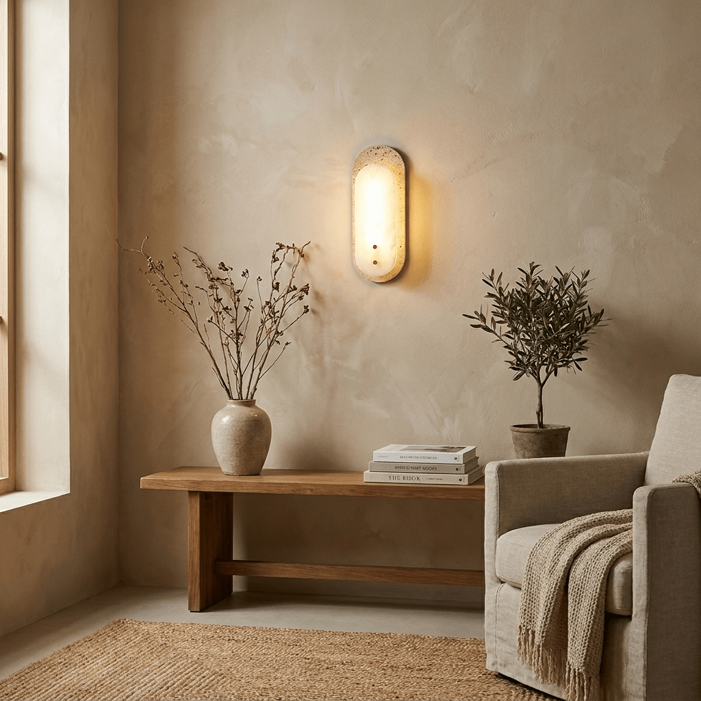Travertine Pill Sconce — additional product view, a pill-shaped travertine frame surrounding a stone inset (view 4)