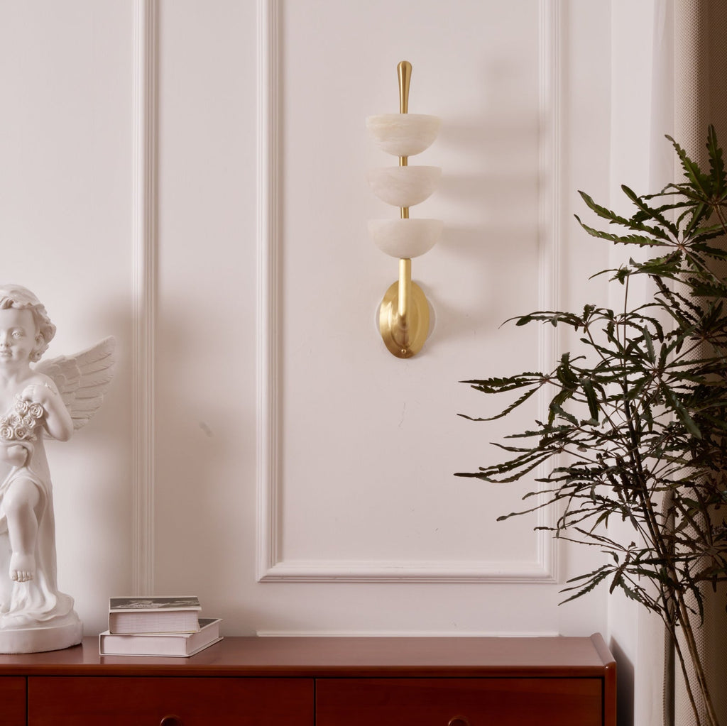Triple Alabaster Wall Lamp — additional product view, three stone shades on a brass wall frame (view 3)