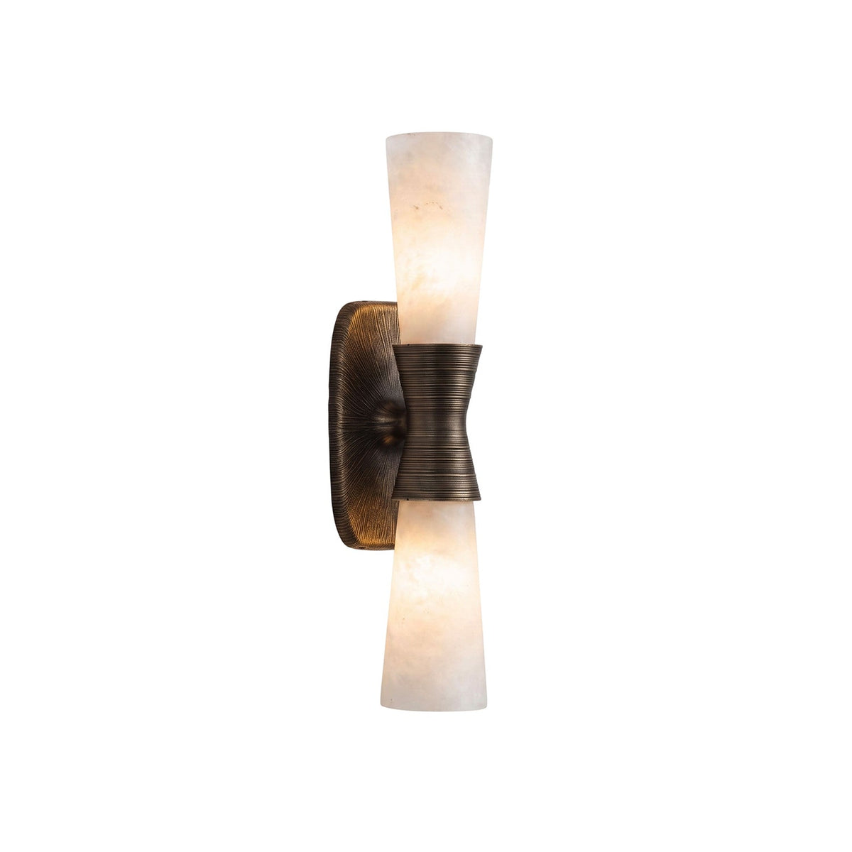 Twist Tapered Alabaster Wall Sconce — full fixture profile, two tapered stone shades joined by a ribbed metal collar (view 1)