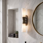 Twist Tapered Alabaster Wall Sconce — product setting and fixture profile, two tapered stone shades joined by a ribbed metal collar (view 2)