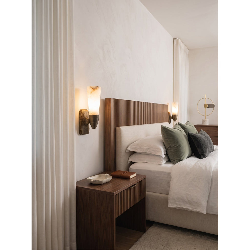 Twist Tapered Alabaster Wall Sconce — additional product view, two tapered stone shades joined by a ribbed metal collar (view 5)