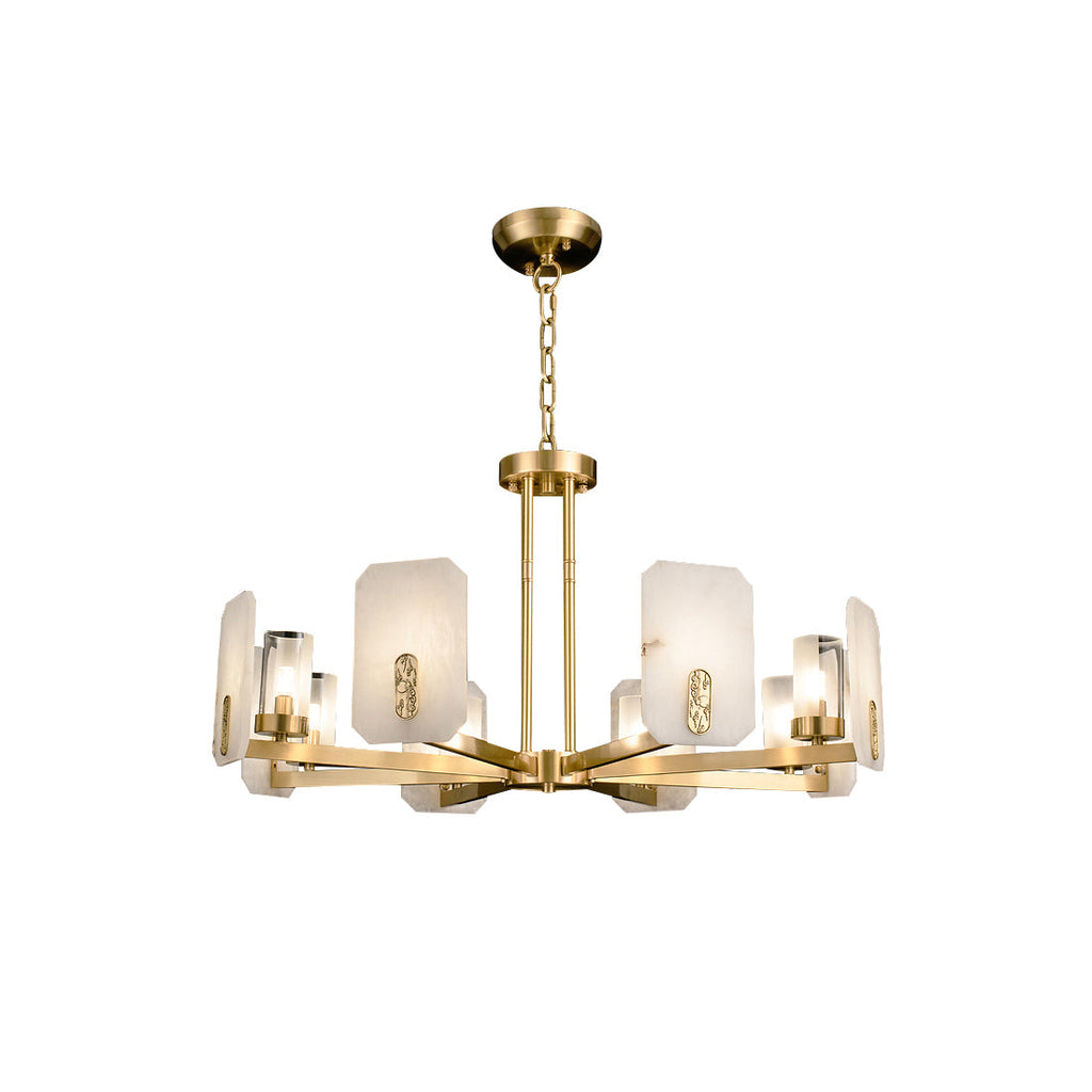 Upton Alabaster Chandelier — full fixture profile, rounded stone shades on faceted metal arms (view 1)