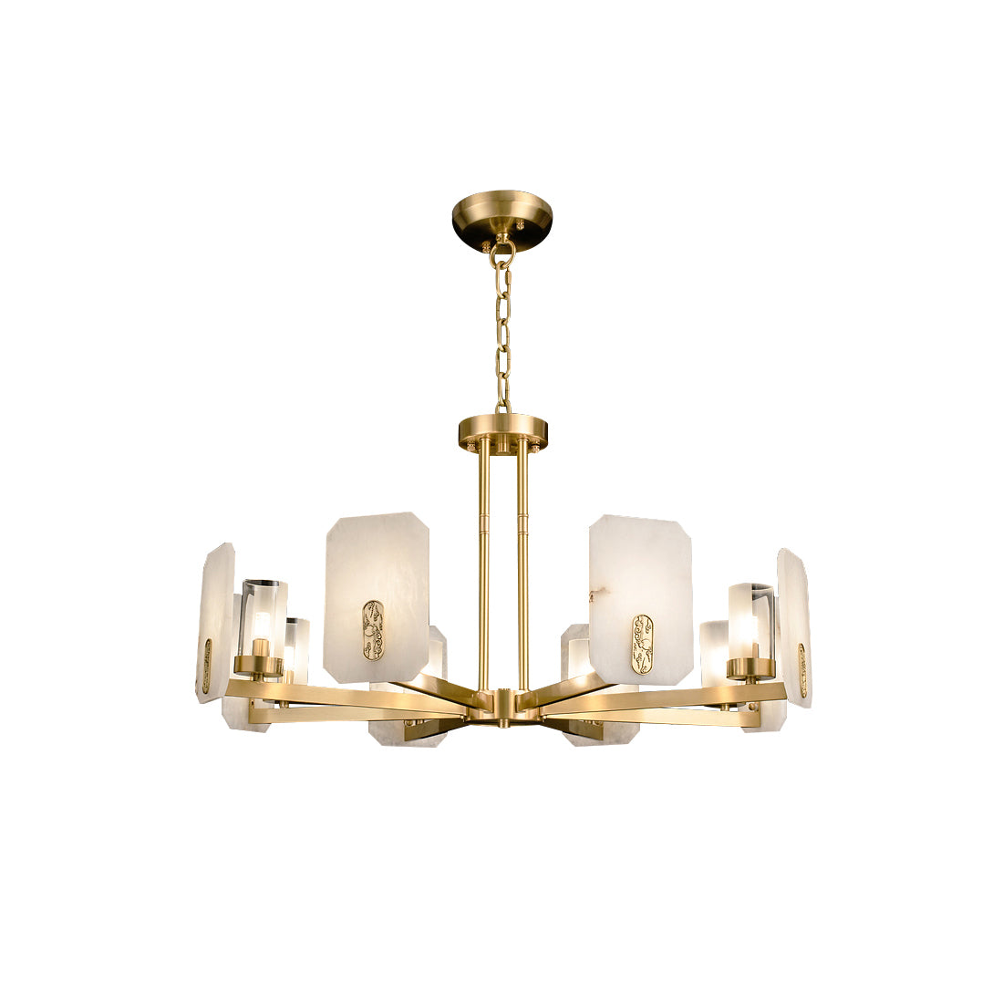 Upton Alabaster Chandelier — full fixture profile, rounded stone shades on faceted metal arms (view 1)