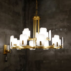 Upton Alabaster Chandelier — product setting and fixture profile, rounded stone shades on faceted metal arms (view 2)