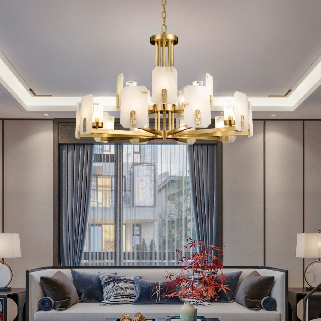 Upton Alabaster Chandelier — additional product view, rounded stone shades on faceted metal arms (view 3)