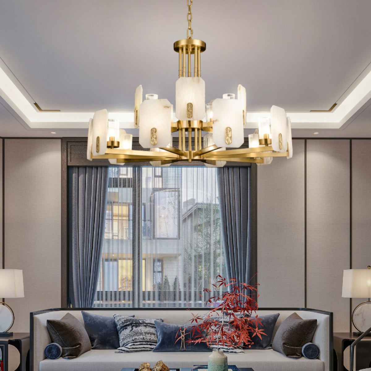 Upton Alabaster Chandelier — additional product view, rounded stone shades on faceted metal arms (view 3)