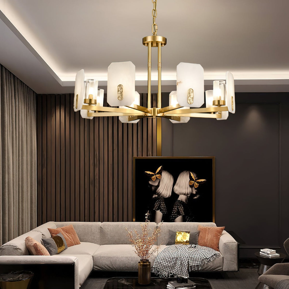 Upton Alabaster Chandelier — additional product view, rounded stone shades on faceted metal arms (view 4)