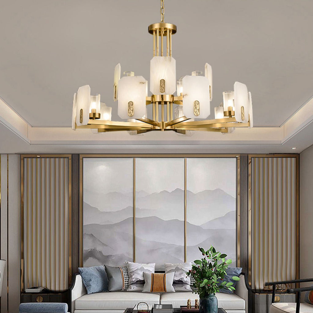Upton Alabaster Chandelier — additional product view, rounded stone shades on faceted metal arms (view 5)