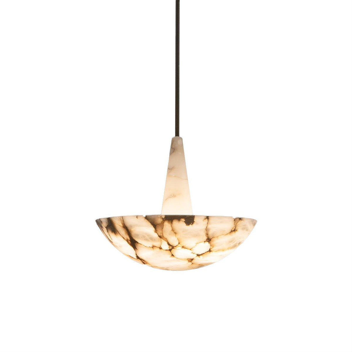 Veined Alabaster Pendant Lamp — full fixture profile, a stone bowl and triangular connector below a dark metal rod (view 1)