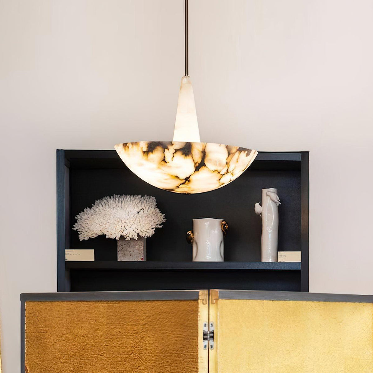 Veined Alabaster Pendant Lamp — product setting and fixture profile, a stone bowl and triangular connector below a dark metal rod (view 2)