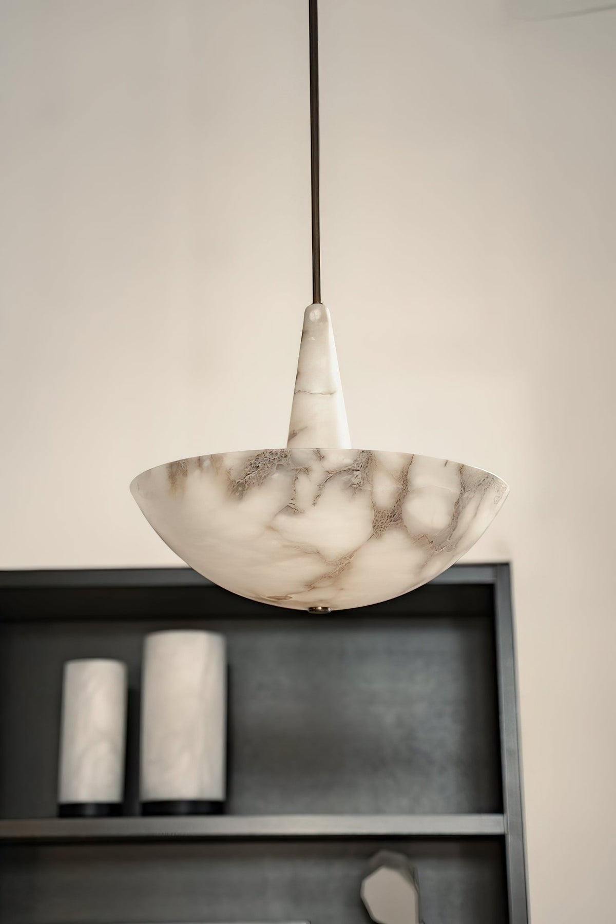 Veined Alabaster Pendant Lamp — additional product view, a stone bowl and triangular connector below a dark metal rod (view 3)