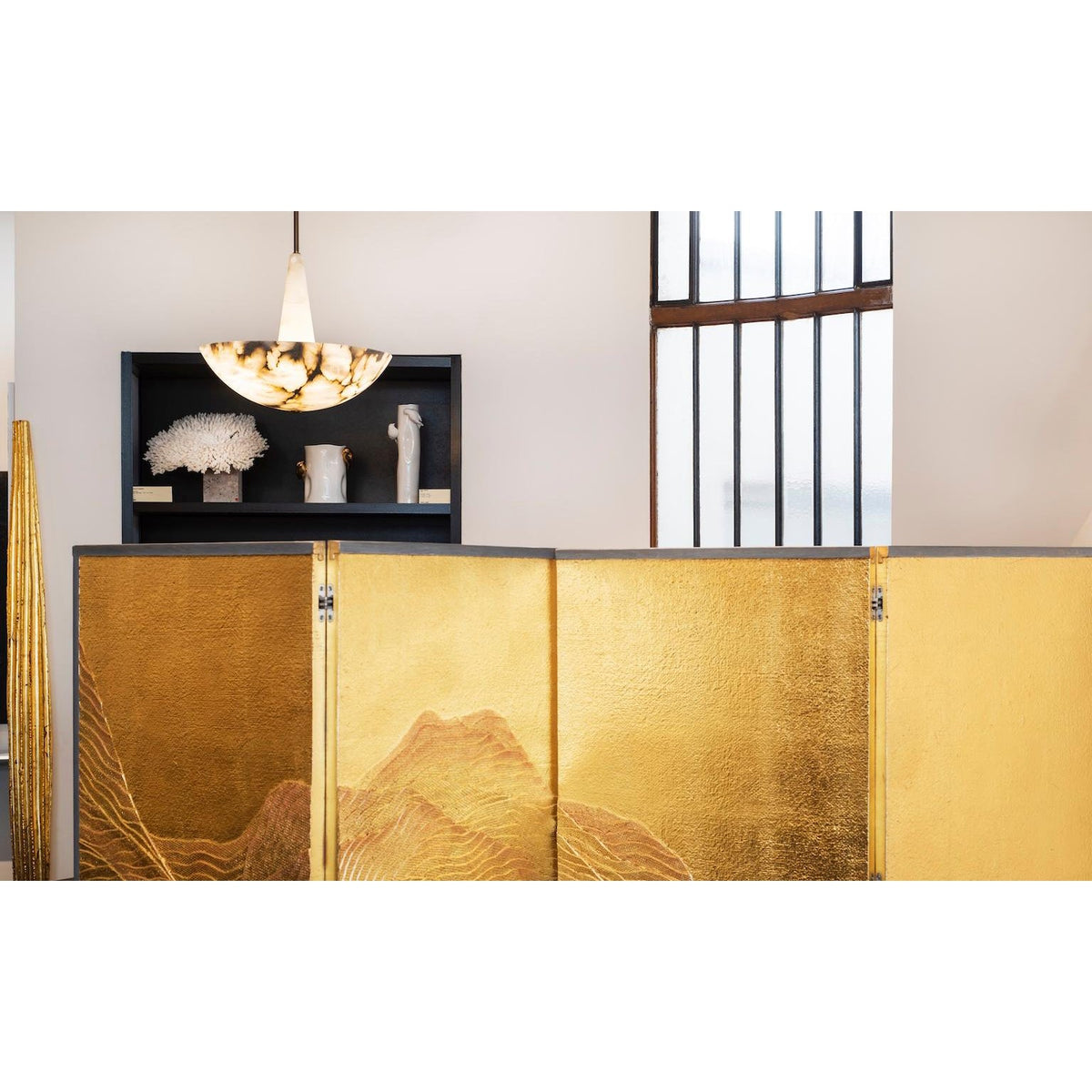 Veined Alabaster Pendant Lamp — additional product view, a stone bowl and triangular connector below a dark metal rod (view 5)