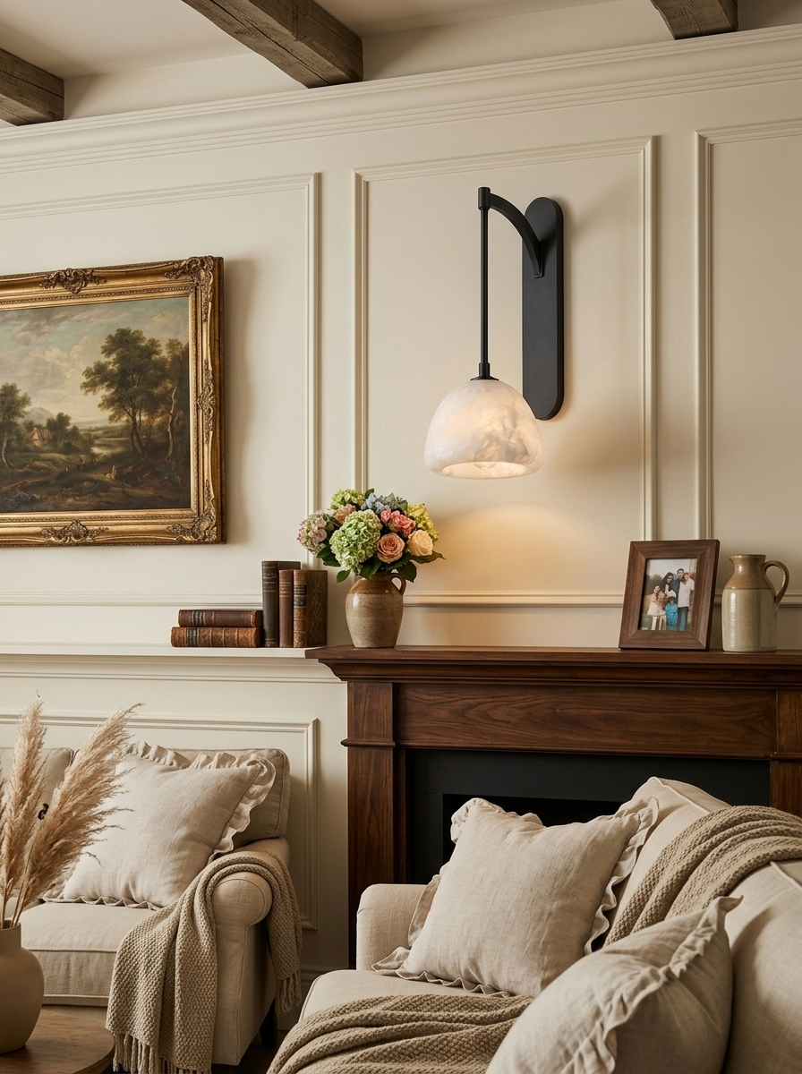 Velisse Alabaster Dome Wall Sconce — product setting and fixture profile, a stone dome beneath an arched arm and elongated backplate (view 2)
