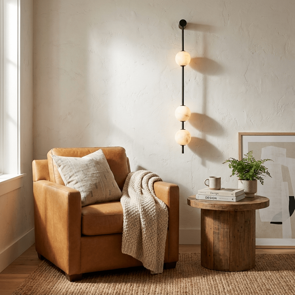 Vertical Alabaster Orb Wall Sconce — product setting and fixture profile, stone spheres arranged along a slender vertical frame (view 2)